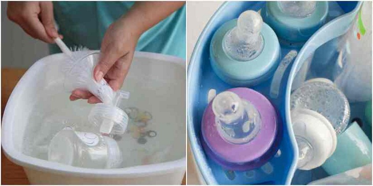Trước khi cho bé uống sữa, bố mẹ nên rửa và tiệt trùng sạch sẽ các dụng cụ pha sữa bằng nước nóng
