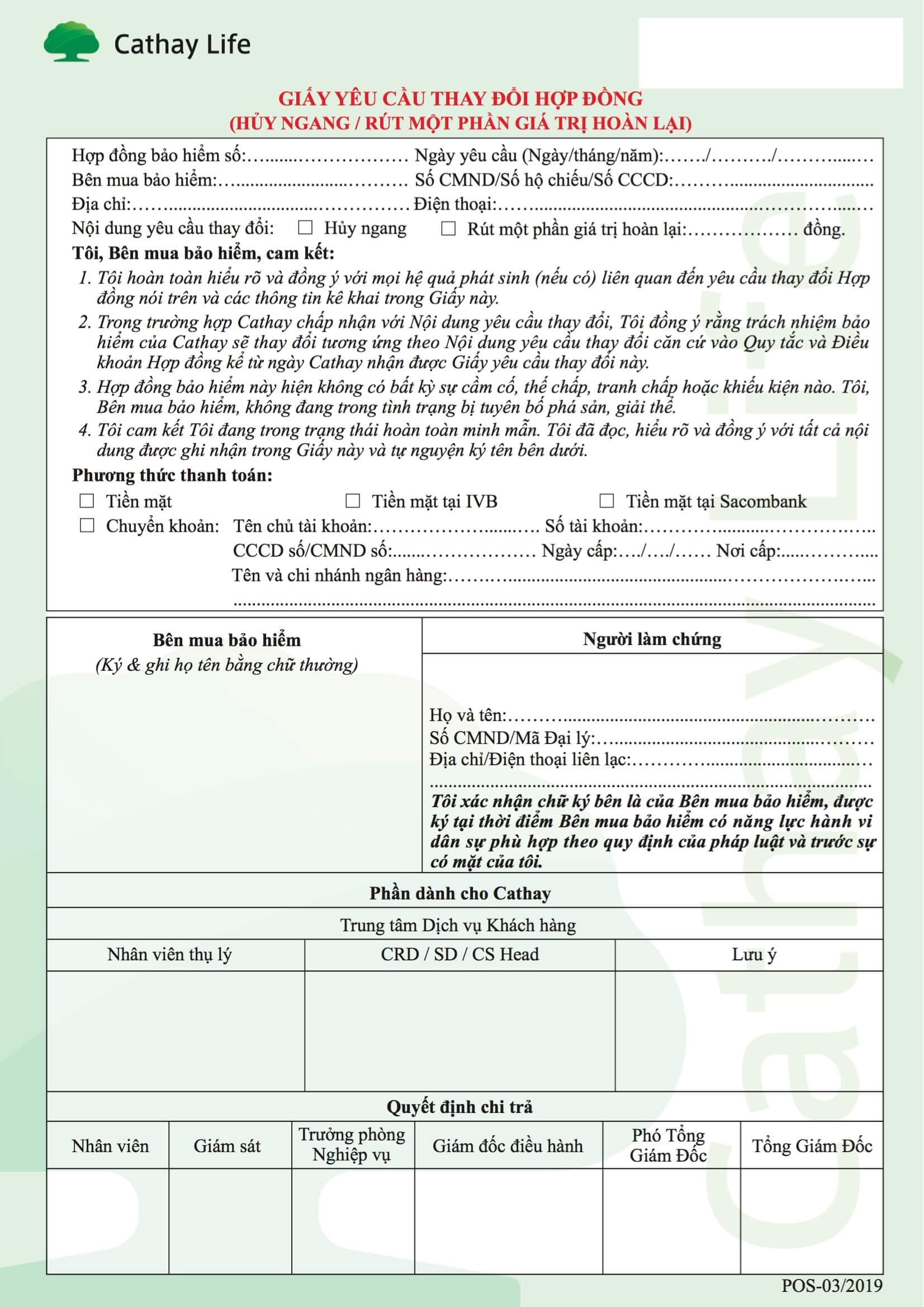 Mẫu đơn hủy ngang hợp đồng bảo hiểm Cathay Life