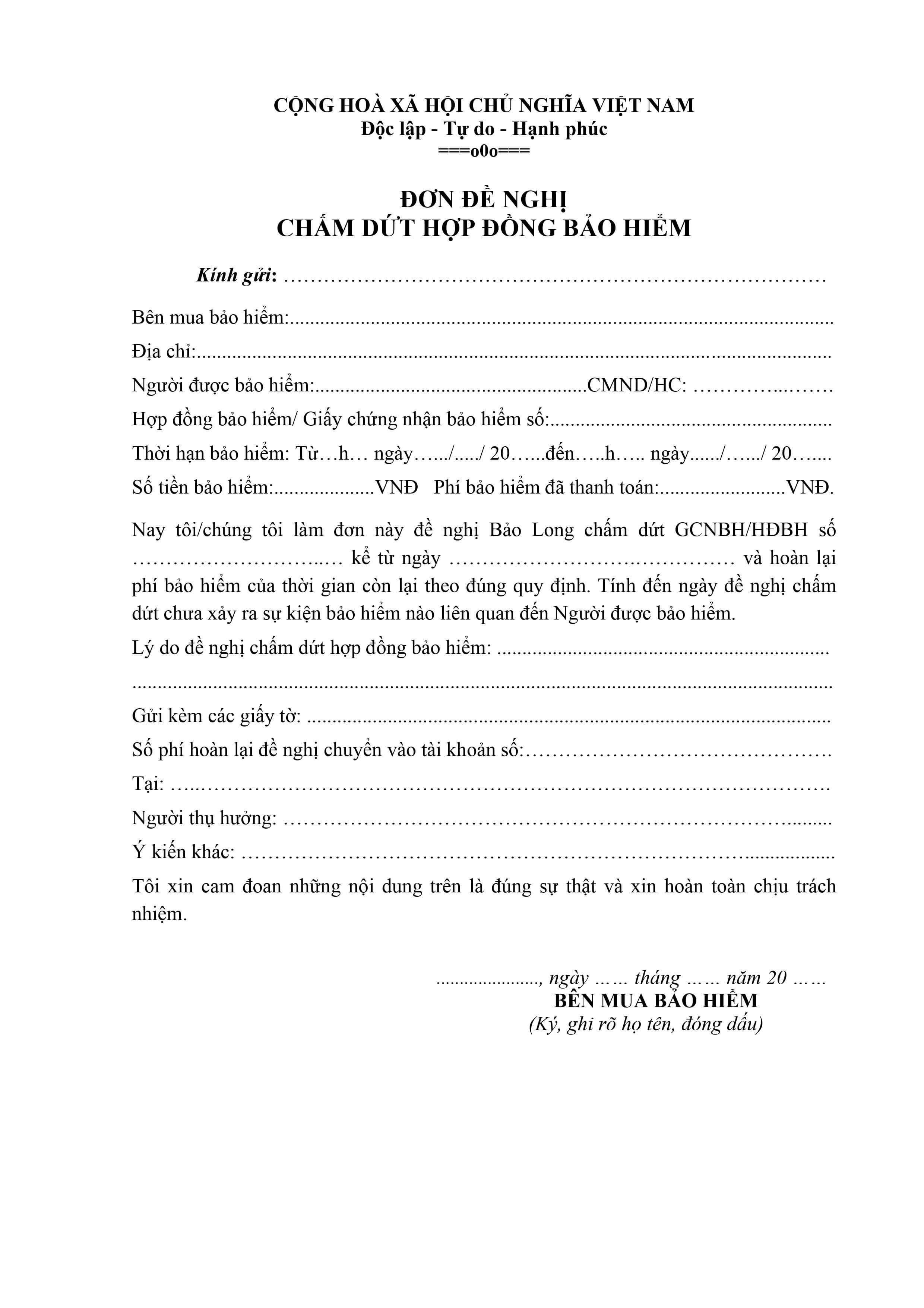 Đơn đề nghị chấm dứt hợp đồng