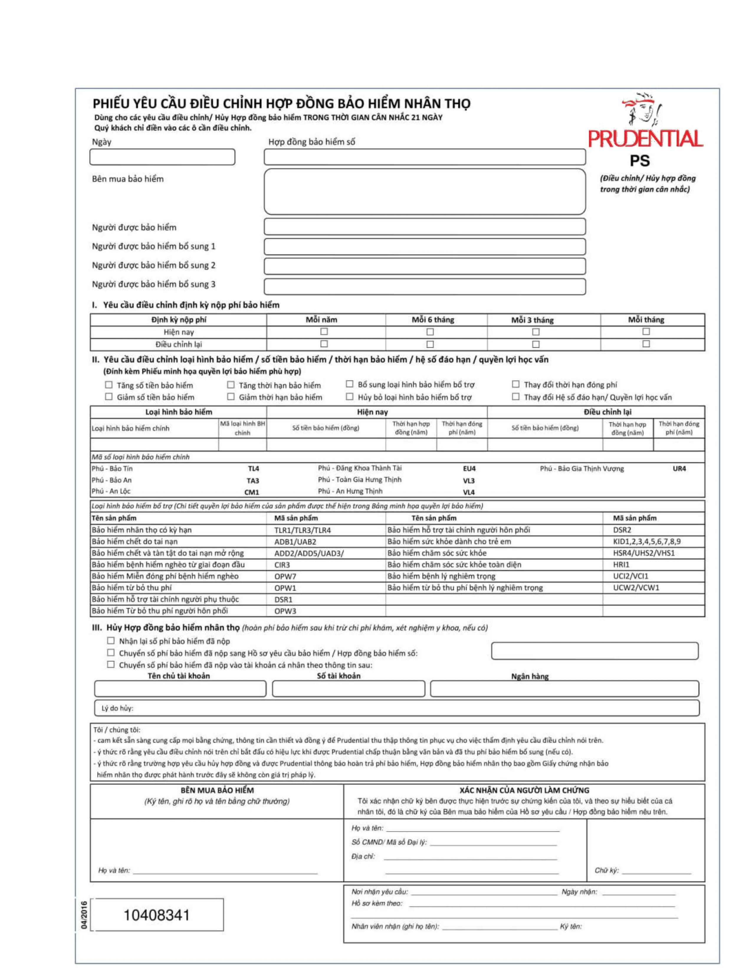 Phiếu hủy hợp đồng bảo hiểm nhân thọ Prudential