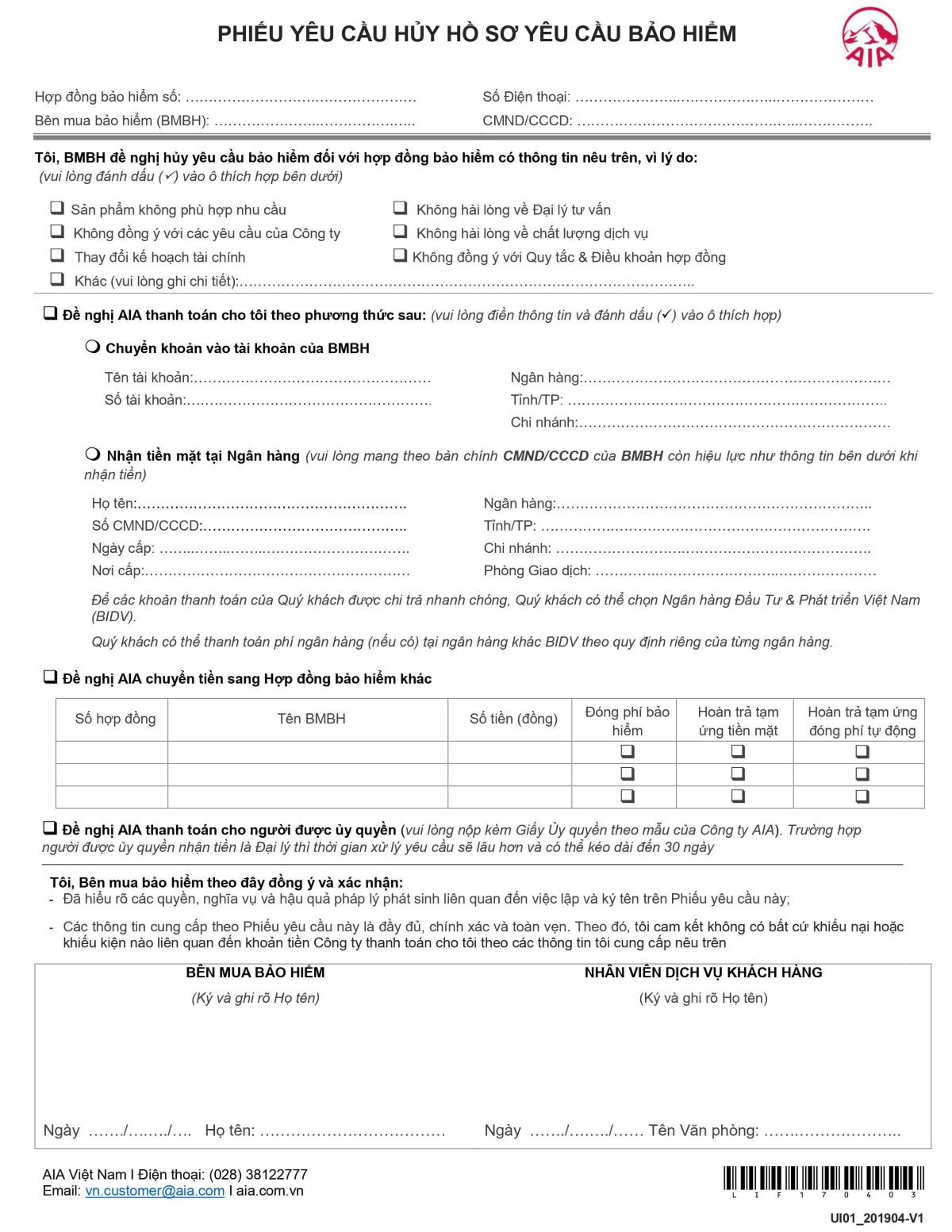 Mẫu đơn hủy hợp đồng bảo hiểm nhân thọ AIA