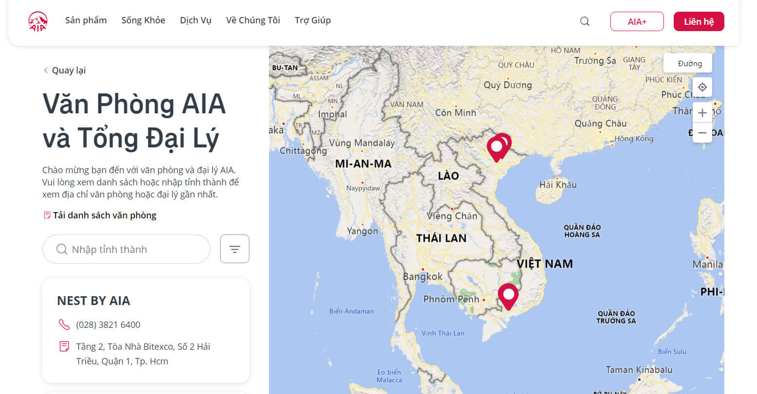 tra cứu danh sách chi nhánh, văn phòng Đại lý Bảo hiểm AIA